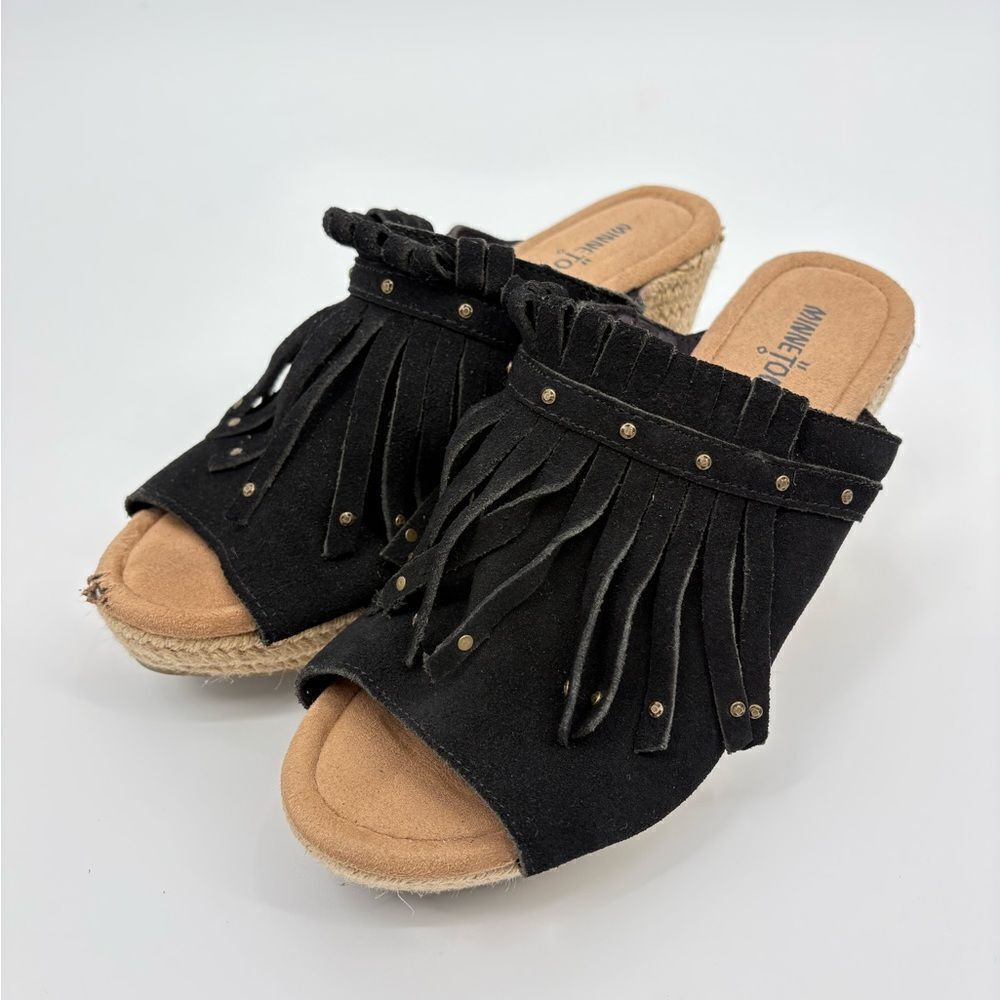 Minnetonka | Black Fringe Slide wedge Sandals | size 9